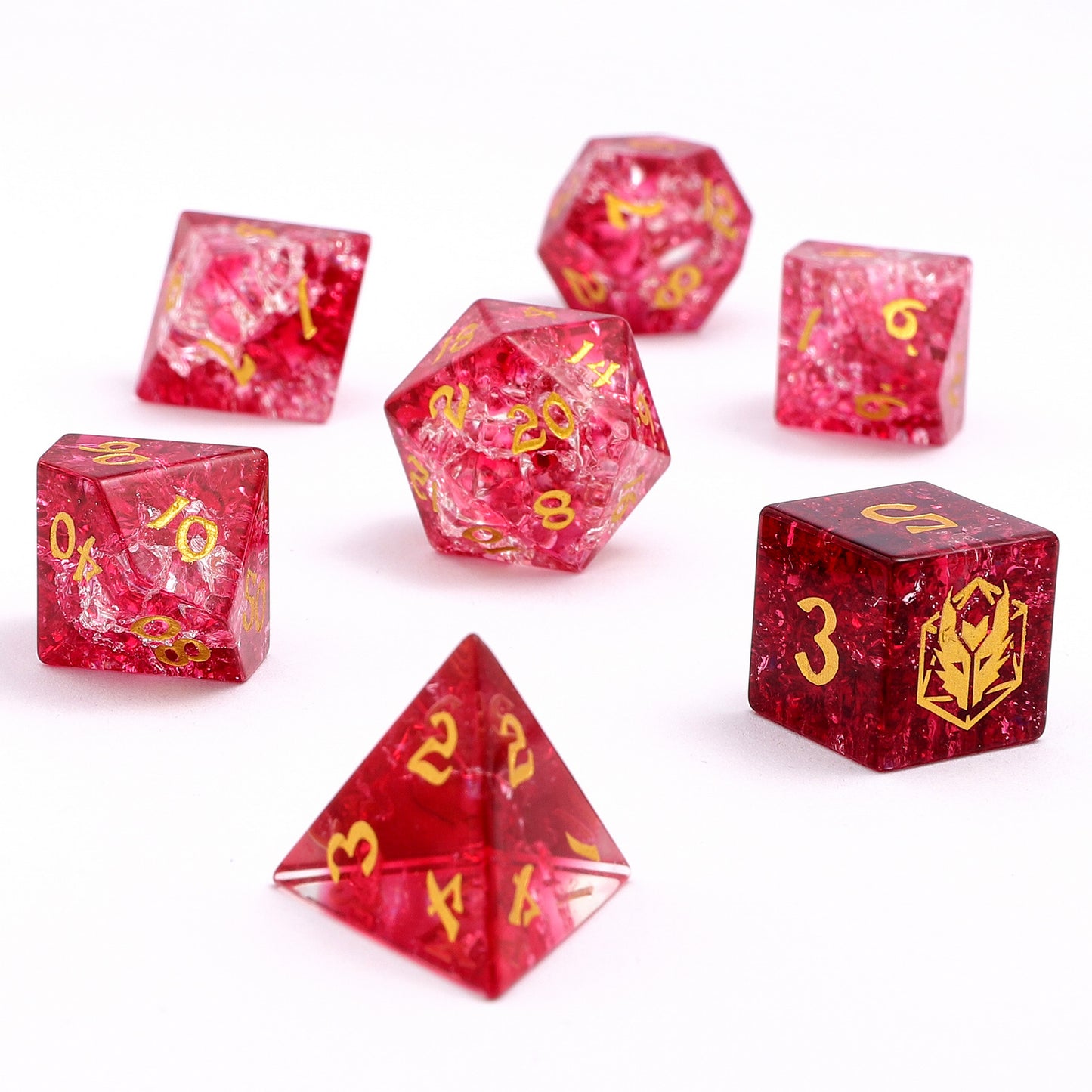 Dragon's Hoard Gemstone Polyhedral Dice Set-Crystal& Red Two Tone Colored Glaze