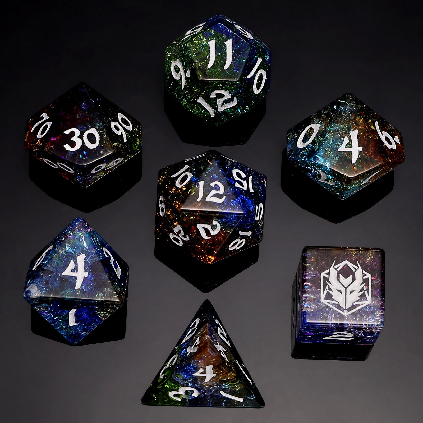 Dragon's Hoard Gemstone Polyhedral Dice Set-Blasted Rainbow Colored Gl ...