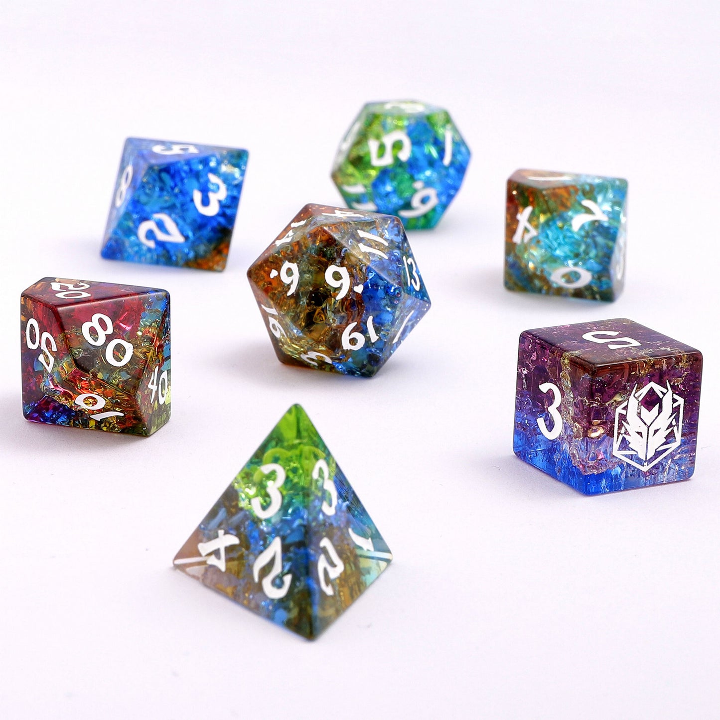 Dragon's Hoard Gemstone Polyhedral Dice Set-Blasted Rainbow Colored Glaze