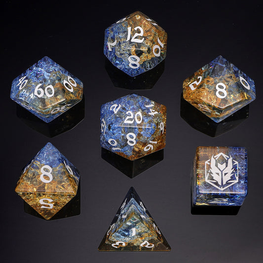 Dragon's Hoard Gemstone Polyhedral Dice Set-Blue&Yellow Two Tone Colored Glaze