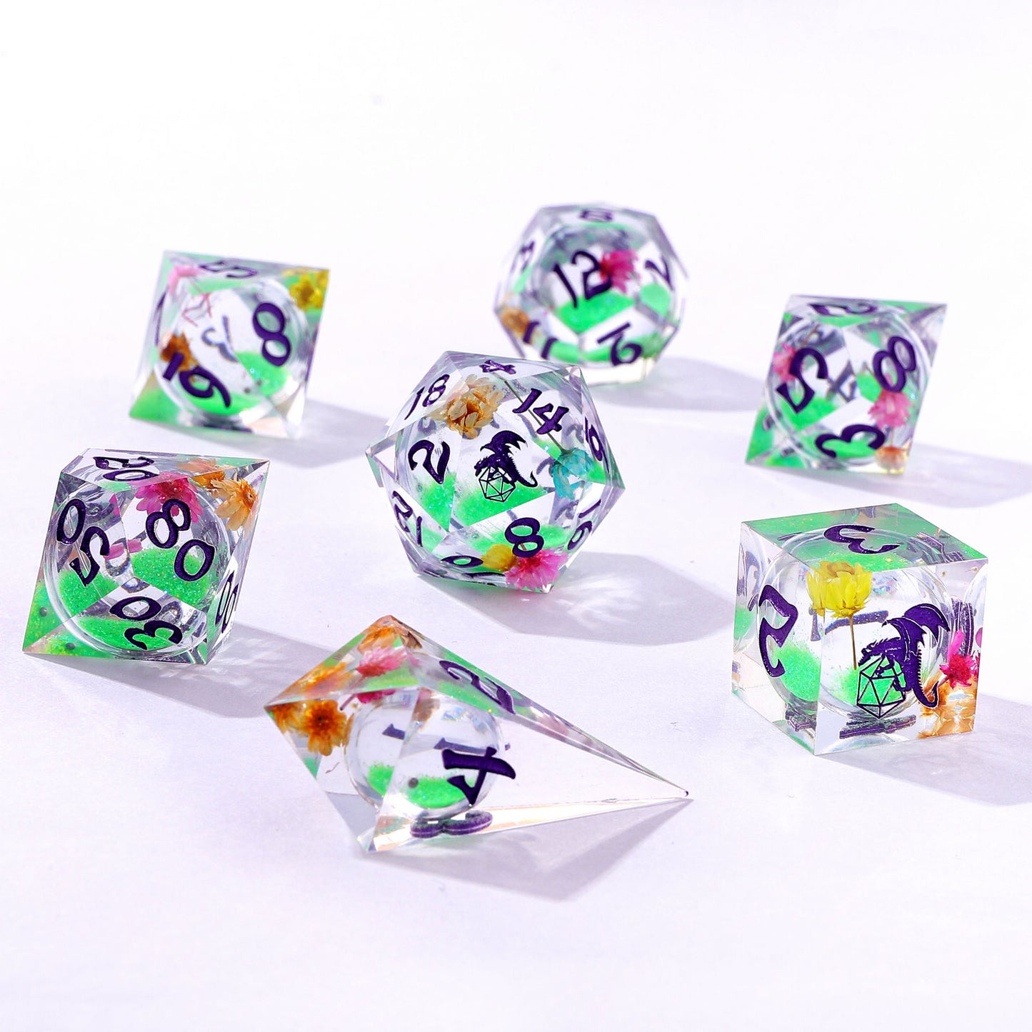 Sharp Edge Liquid Core RPG Dice Set Glow In The Dark-Ethereal Fields