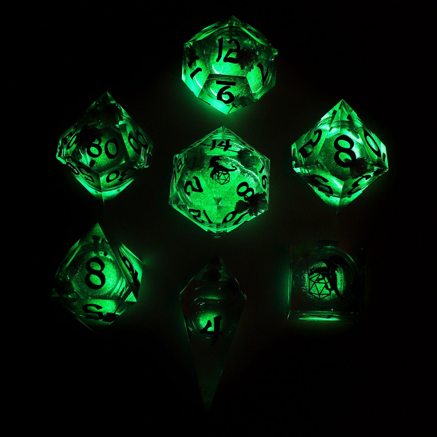 Sharp Edge Liquid Core RPG Dice Set Glow In The Dark-Ethereal Fields