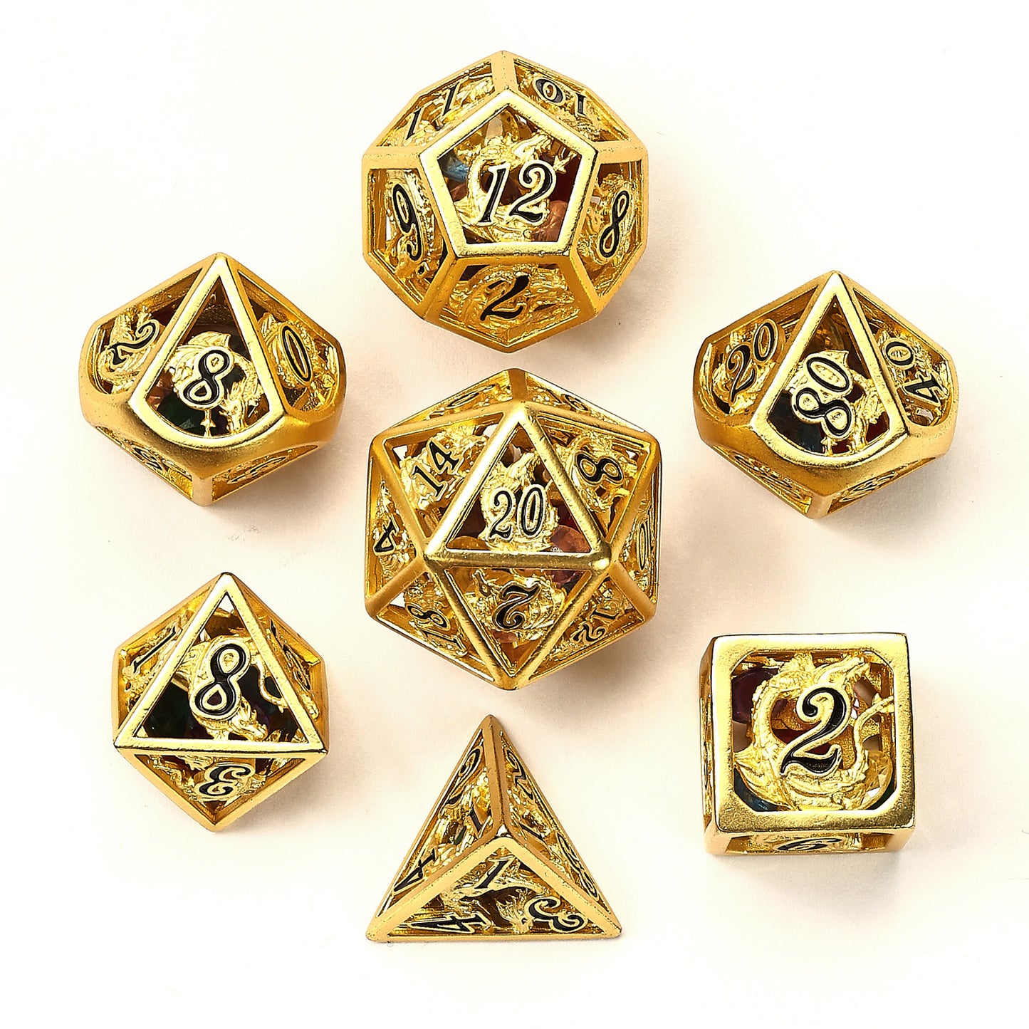 Matt Gold Hollow Dragon Dice Set Filled with Gems