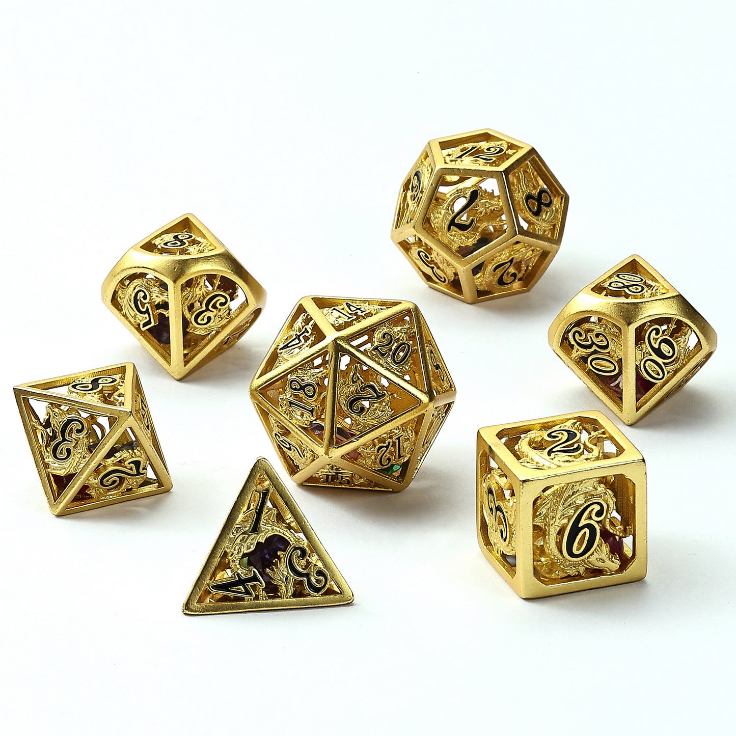 Matt Gold Hollow Dragon Dice Set Filled with Gems