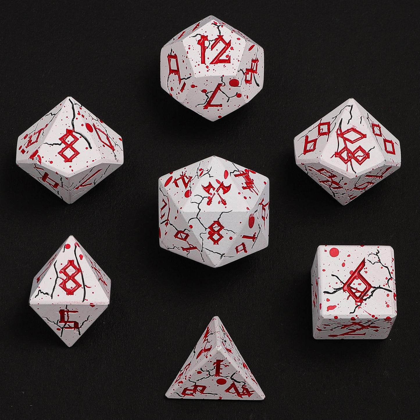 Barbarian Solid Metal Polyhedral Dice Set - Matt White w/Blood Spitters