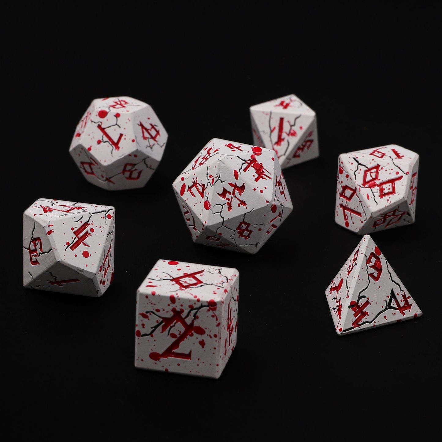 Barbarian Solid Metal Polyhedral Dice Set - Matt White w/Blood Spitters