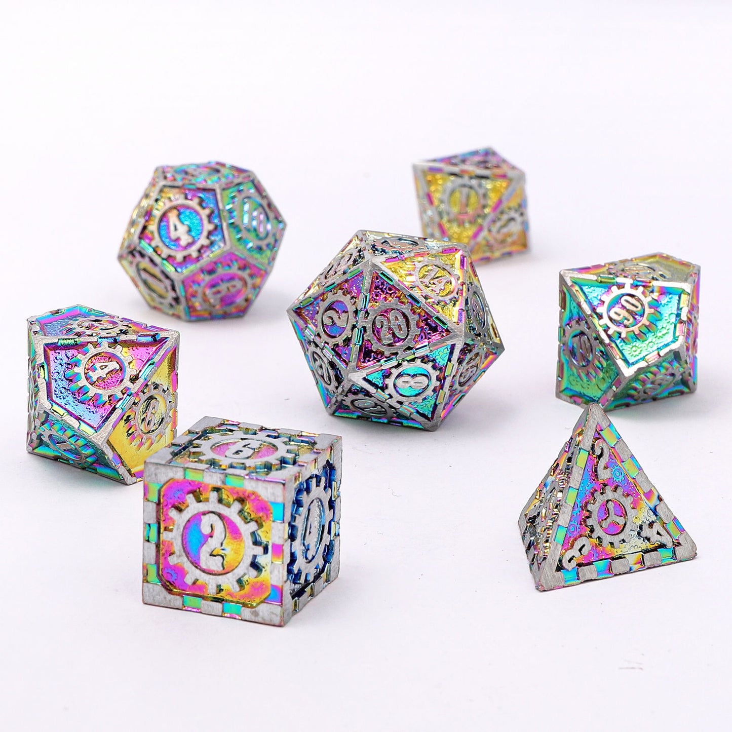 Gears of Fate Solid Metal Dice Set-Brushed Rainbow