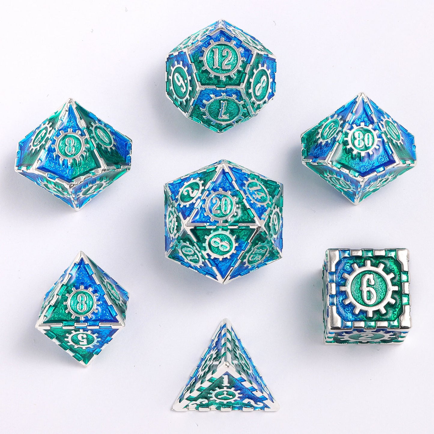 Gears of Fate Solid Metal Dice Set-Silver w/Blue&Green