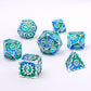 Gears of Fate Solid Metal Dice Set-Silver w/Blue&Green