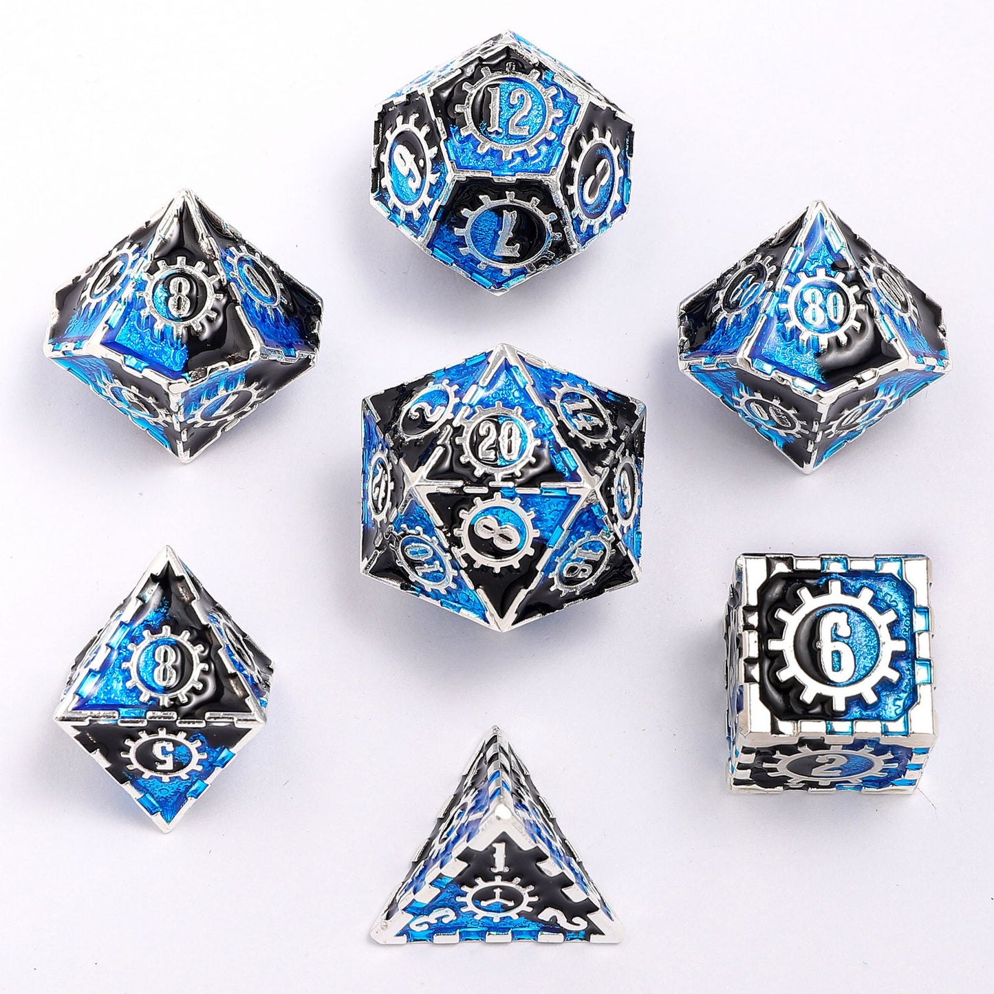 Gears of Fate Solid Metal Dice Set-Silver w/Blue&Black