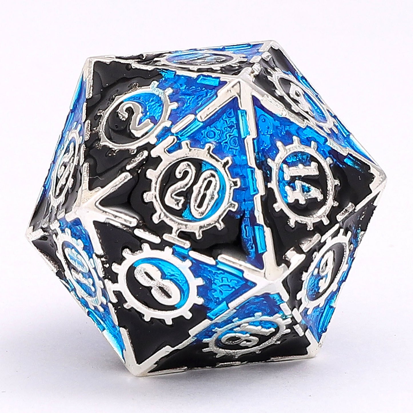 Gears of Fate Solid Metal Dice Set-Silver w/Blue&Black