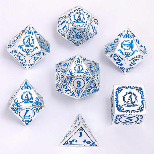 Wizard Solid Metal Polyhedral Dice Set -Silver w/Blue