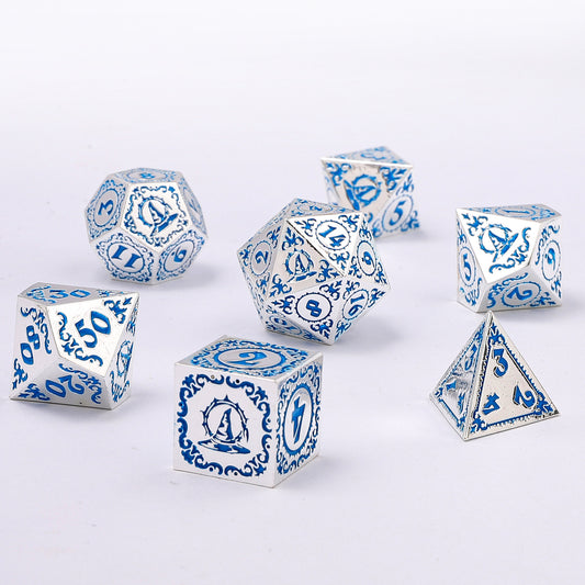 Wizard Solid Metal Polyhedral Dice Set -Silver w/Blue