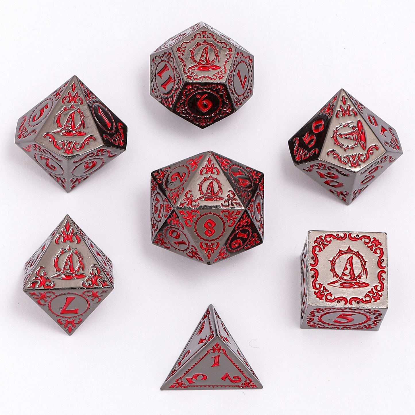 Wizard Solid Metal Polyhedral Dice Set -Gunmetal w/Blood