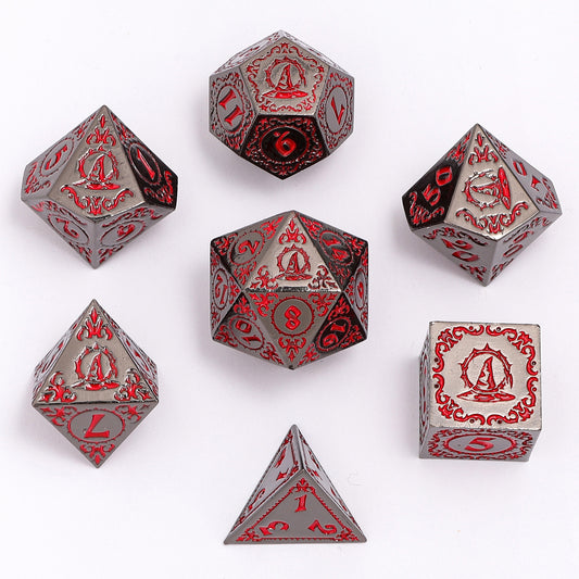 Wizard Solid Metal Polyhedral Dice Set -Gunmetal w/Blood