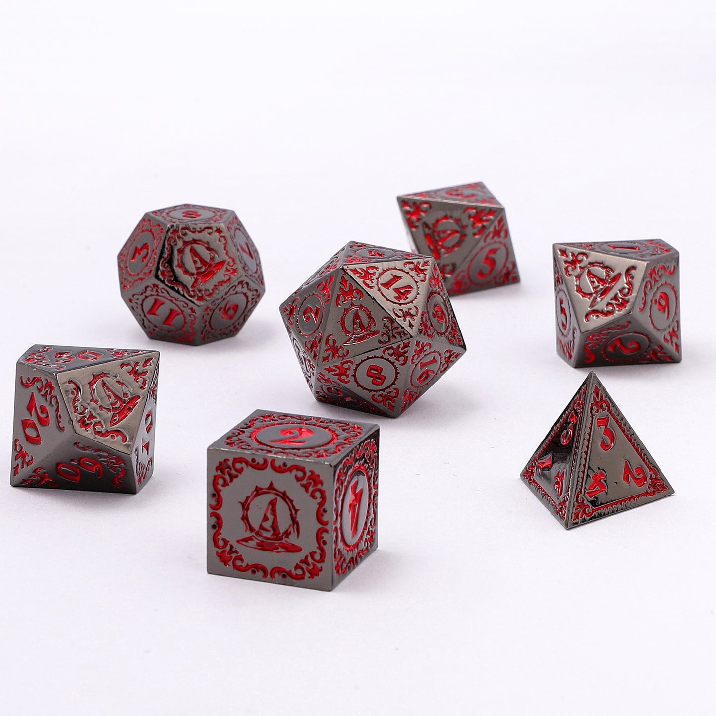 Wizard Solid Metal Polyhedral Dice Set -Gunmetal w/Blood