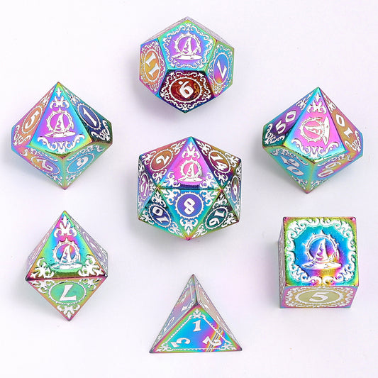 Wizard Solid Metal Polyhedral Dice Set -Rainbow w/White