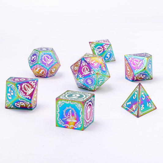 Wizard Solid Metal Polyhedral Dice Set -Rainbow w/White