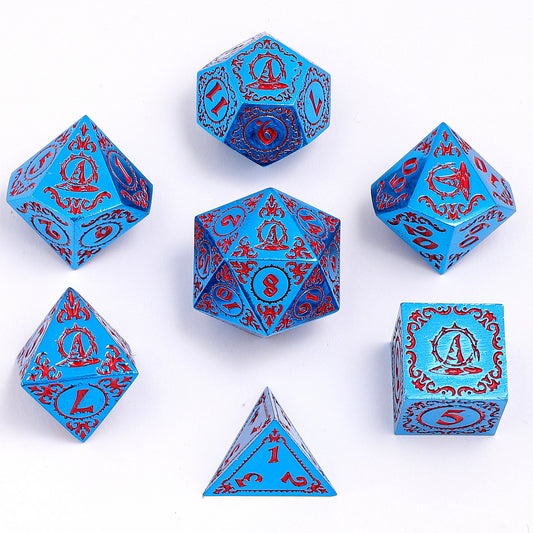 Wizard Solid Metal Polyhedral Dice Set -Blue w/Red