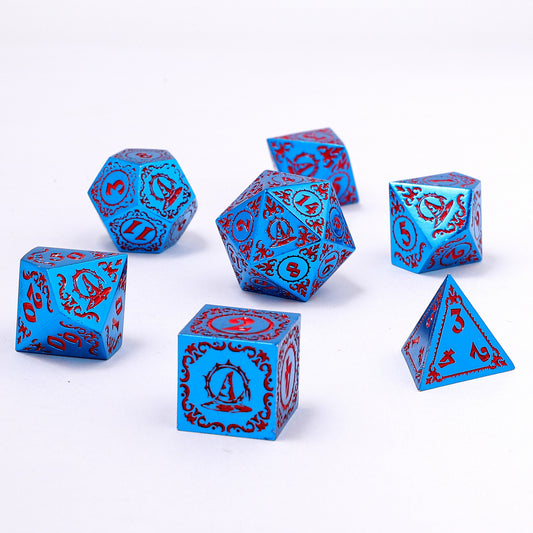 Wizard Solid Metal Polyhedral Dice Set -Blue w/Red