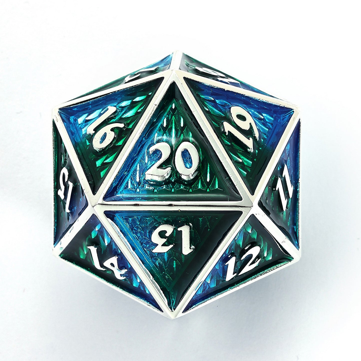 Behemoth 45mm Solid Metal D20 Spin Down -Silver w/Green&Blue