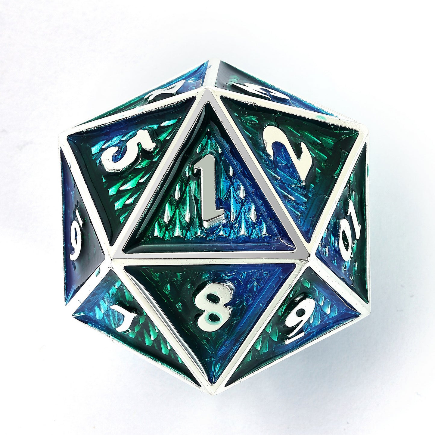 Behemoth 45mm Solid Metal D20 Spin Down -Silver w/Green&Blue