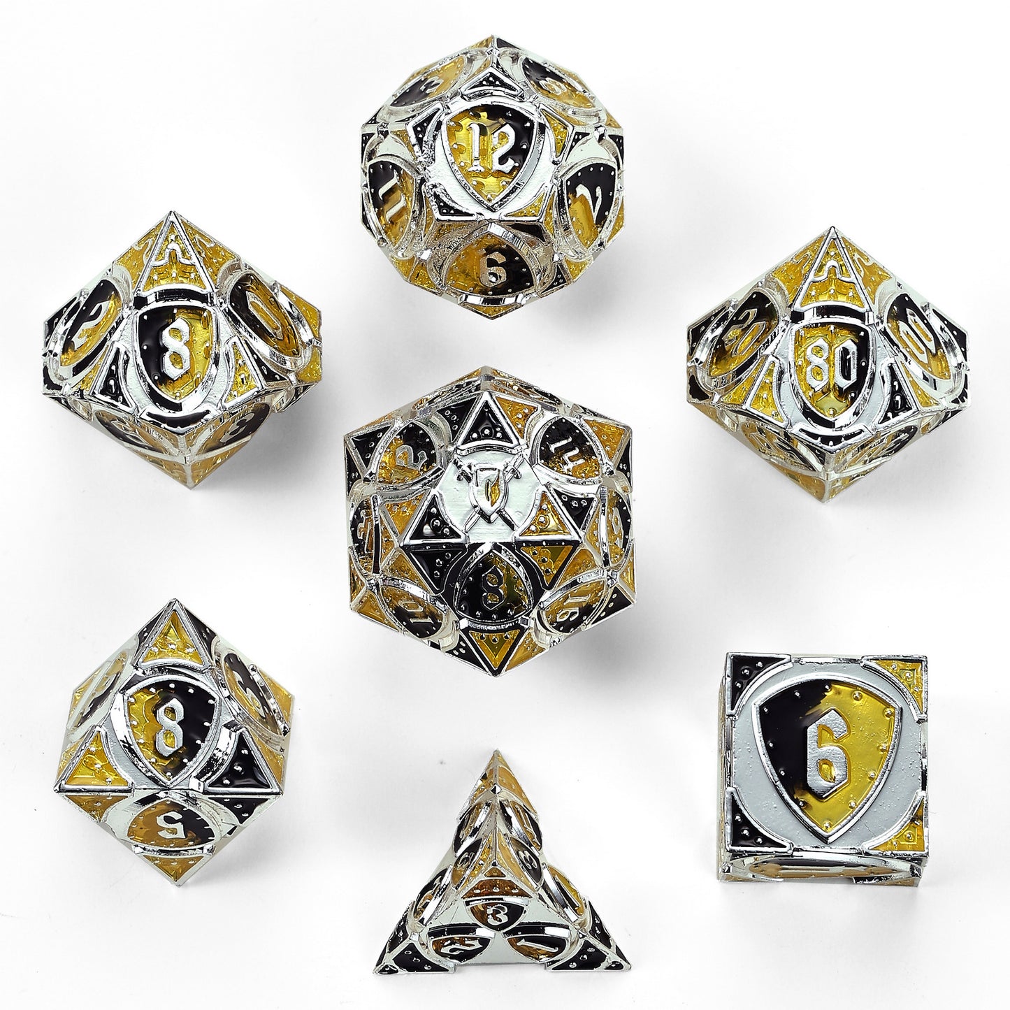 Fighter Solid Metal Polyhedral Dice Set-Silver w/Yellow&Black