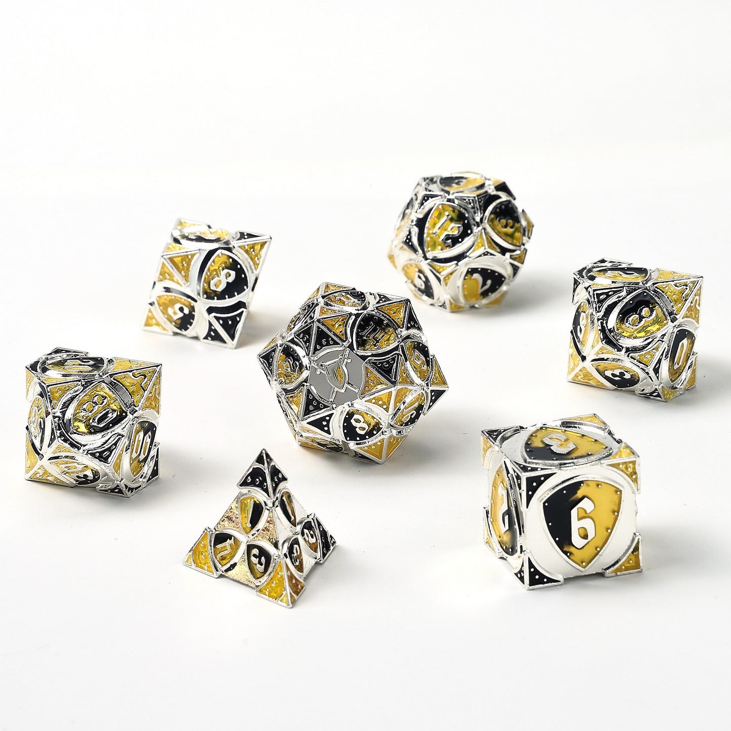 Fighter Solid Metal Polyhedral Dice Set-Silver w/Yellow&Black