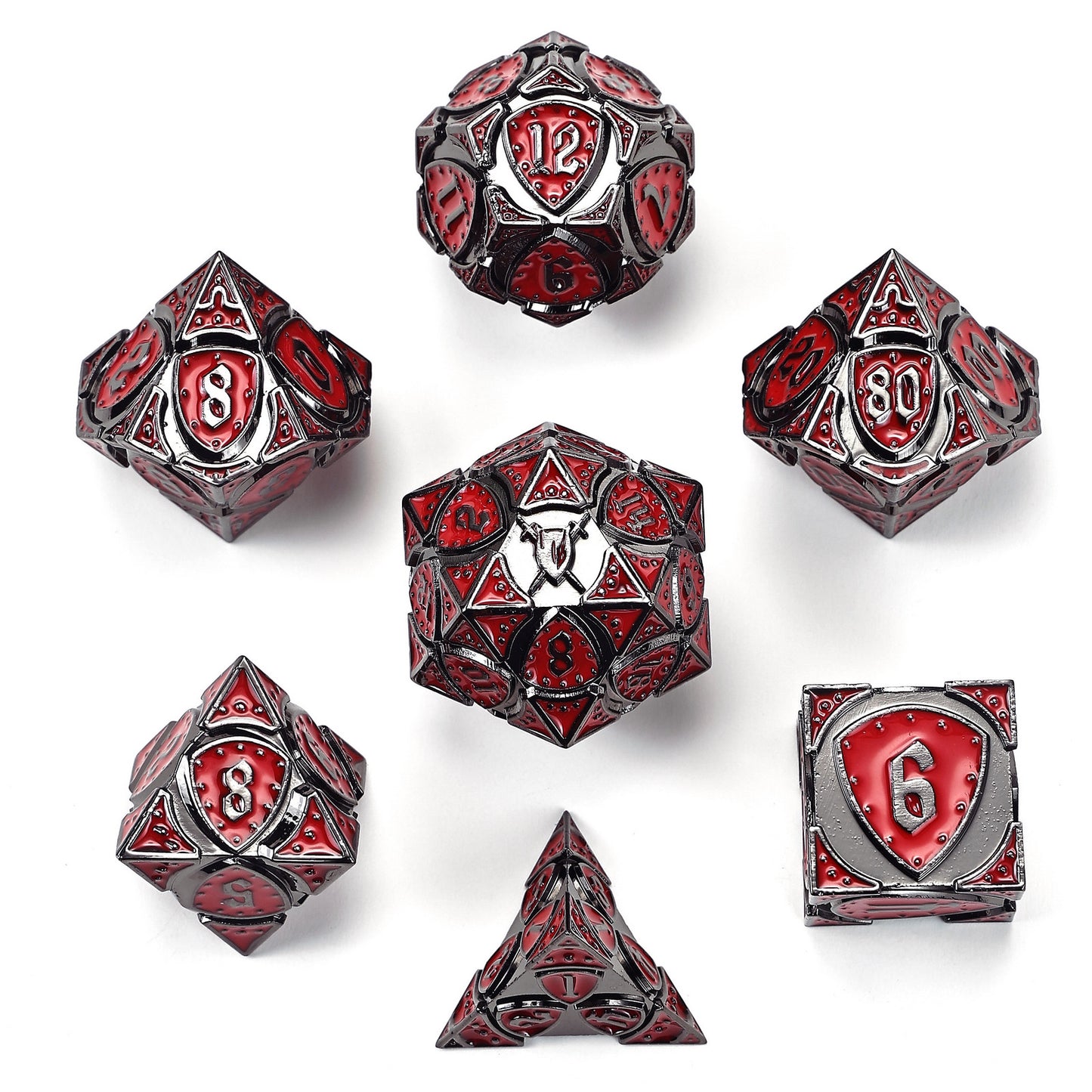 Fighter Solid Metal Polyhedral Dice Set-Gunmetal w/Blood Red