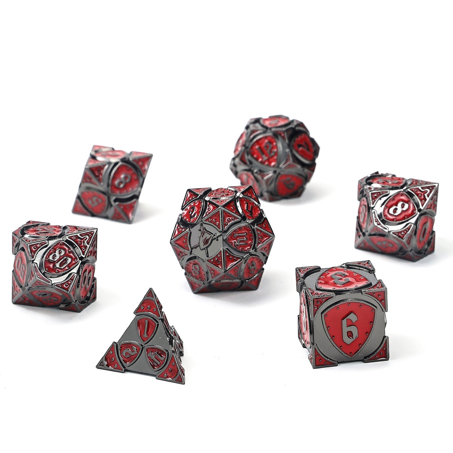 Fighter Solid Metal Polyhedral Dice Set-Gunmetal w/Blood Red