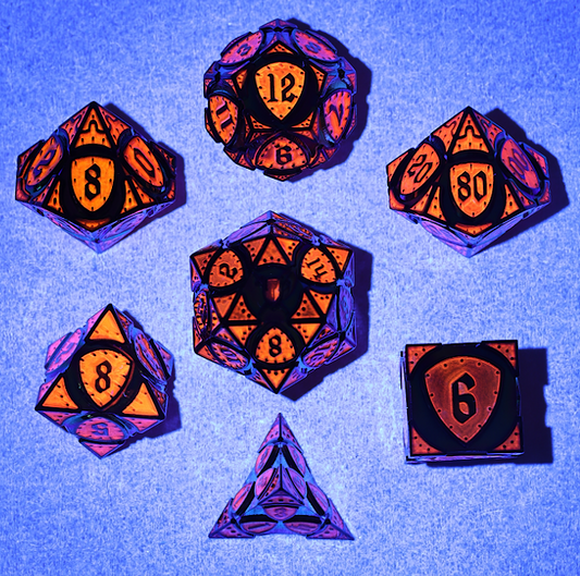 Fighter Solid Metal Polyhedral Dice Set-Rainbow w/UV-reactive Red