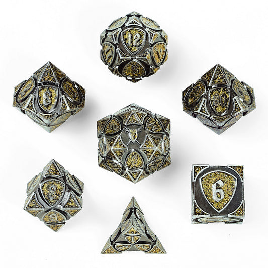 Fighter Solid Metal Polyhedral Dice Set-Ancient Silver w/Glitter Yellow