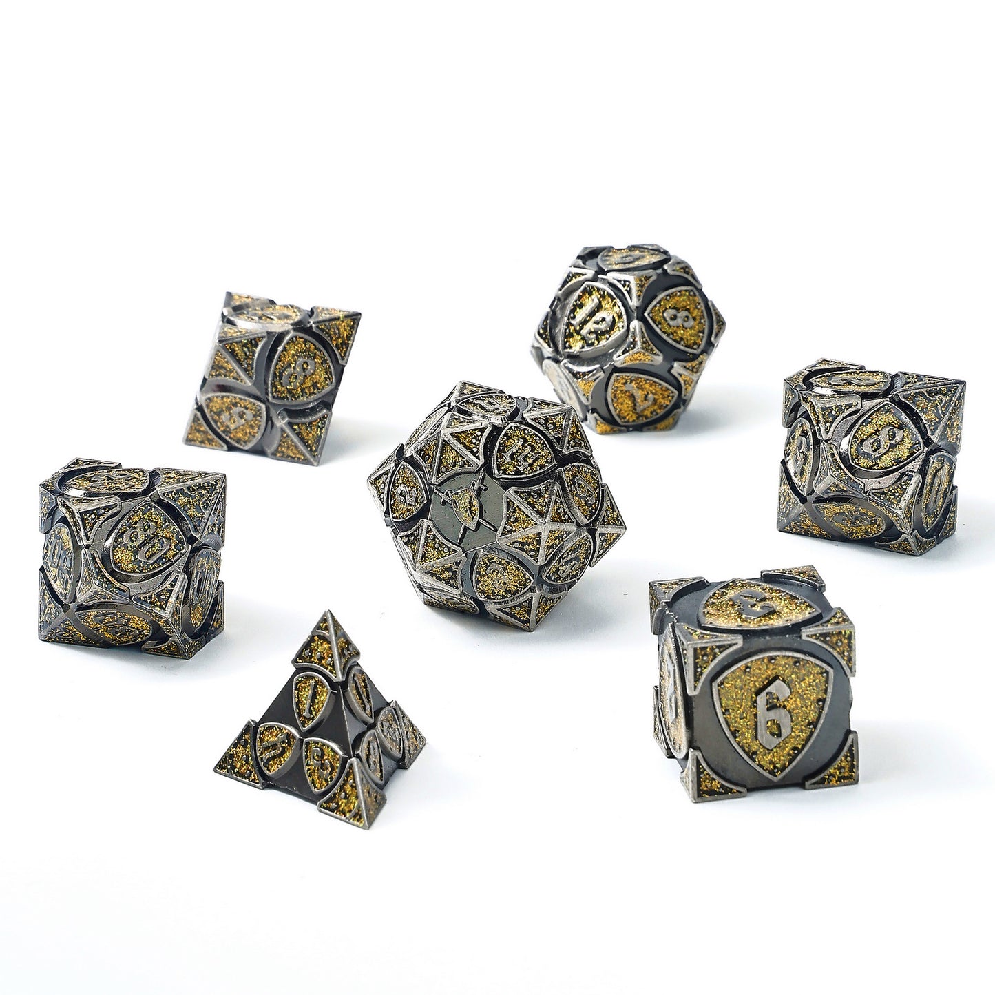 Fighter Solid Metal Polyhedral Dice Set-Ancient Silver w/Glitter Yellow