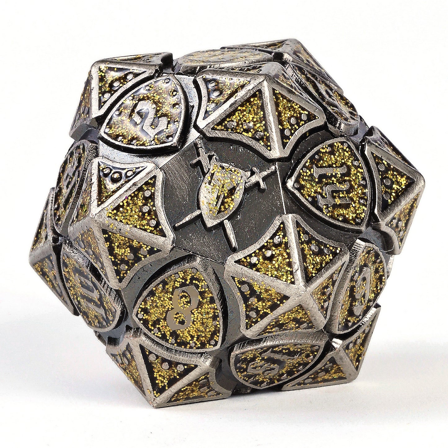 Fighter Solid Metal Polyhedral Dice Set-Ancient Silver w/Glitter Yellow