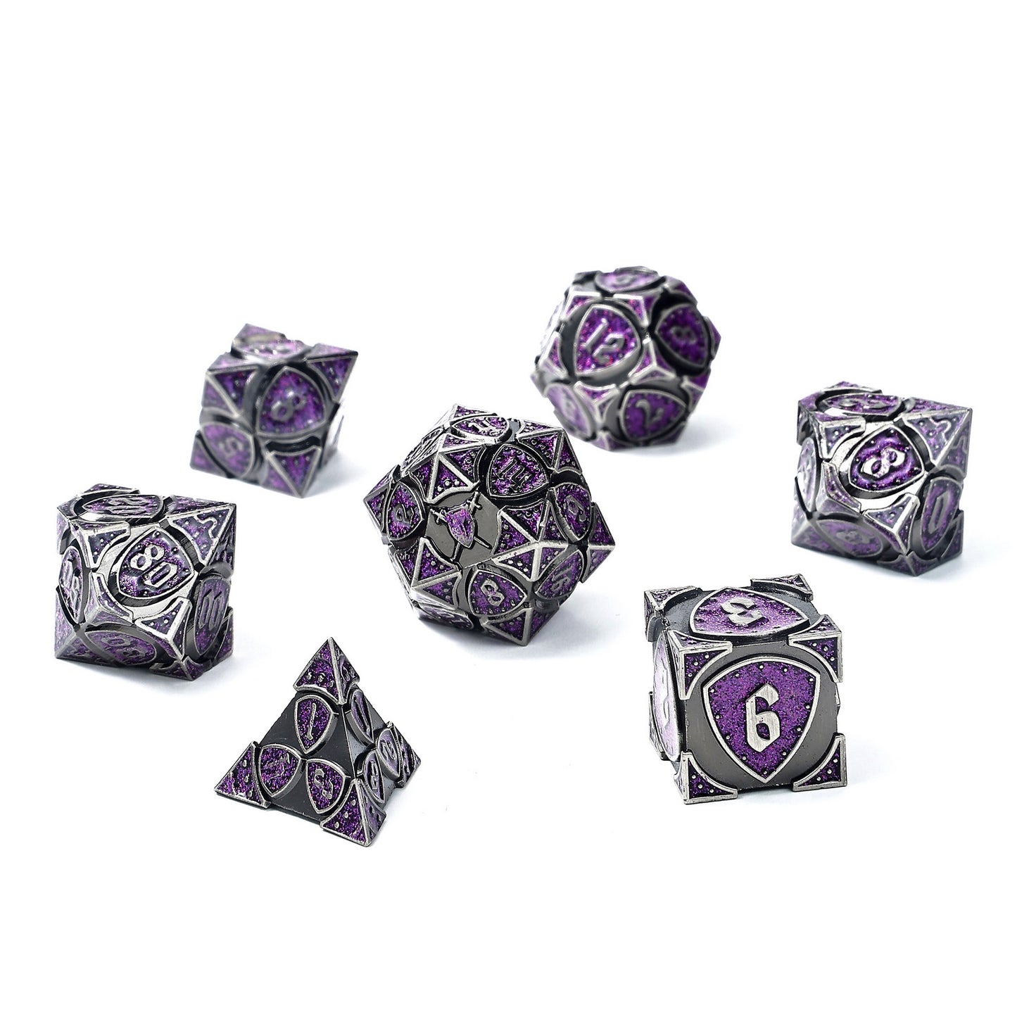 Fighter Solid Metal Polyhedral Dice Set-Ancient Silver w/Glitter Purple