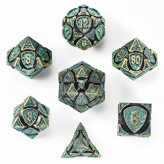 Fighter Solid Metal Polyhedral Dice Set-Ancient Bronze w/Glitter Green