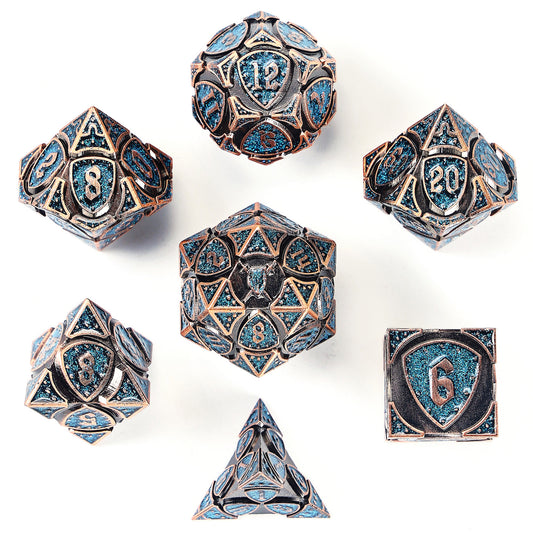 Fighter Solid Metal Polyhedral Dice Set-Ancient Copper w/Glitter Blue