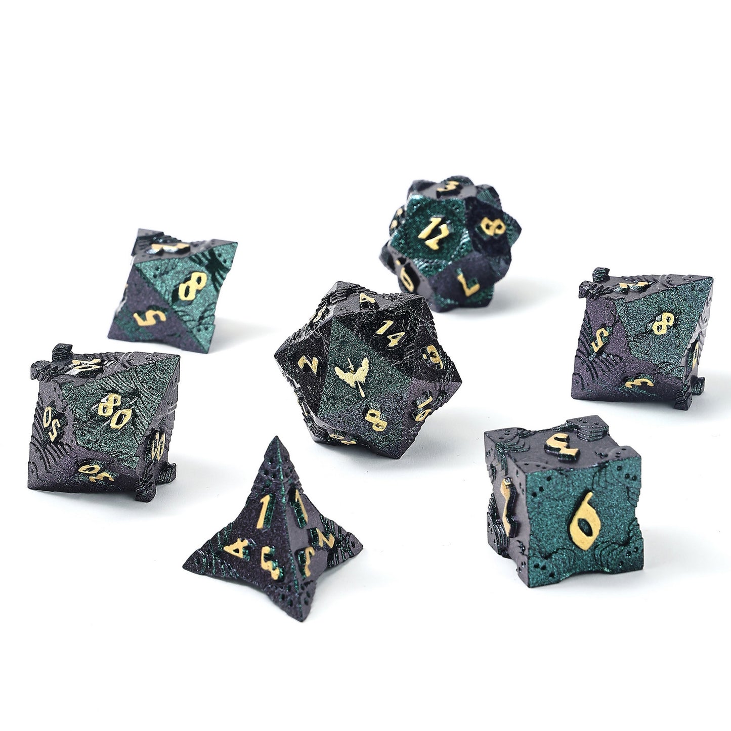 Paladin Solid Metal Polyhedral Dice Set-Gold w/Glitter Green