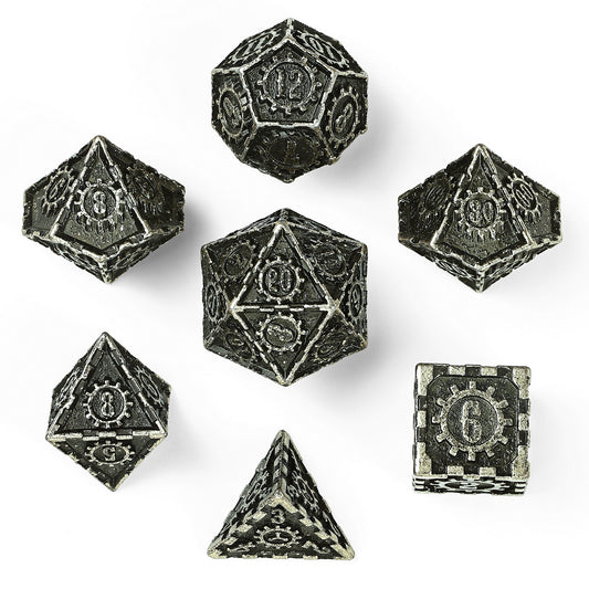 Solid Metal Cogcraft Polyhedral Dice Set ChronoEngine - Tarnished Gold