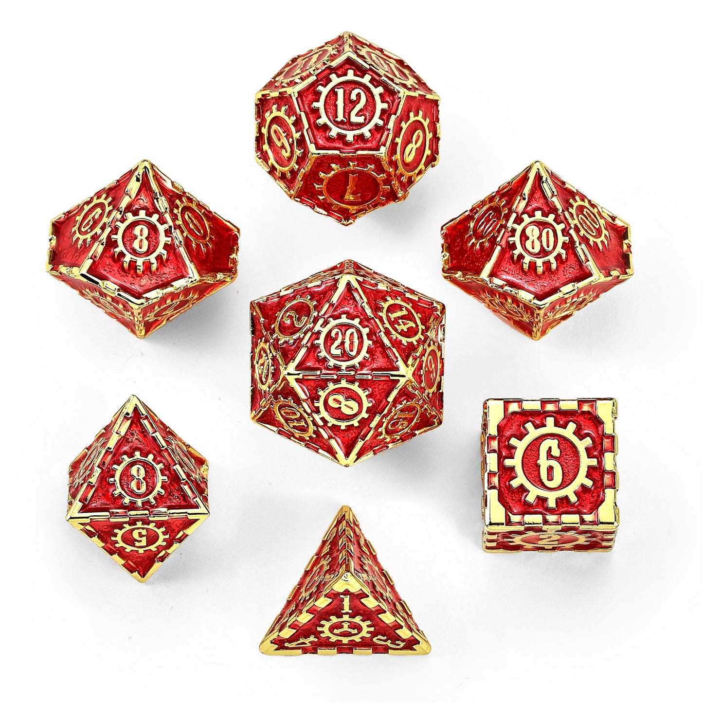 Solid Metal Cogcraft Polyhedral Dice Set Emberforge - Red and Gold