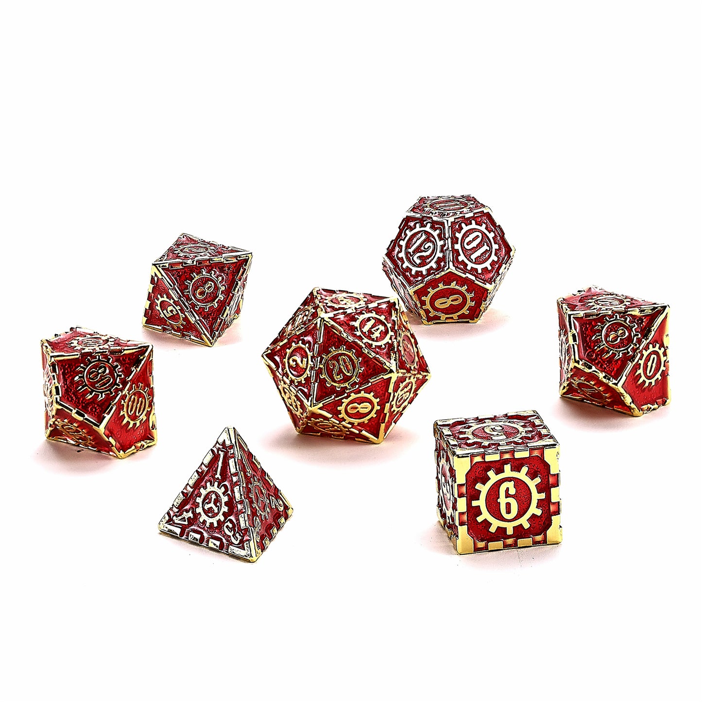 Solid Metal Cogcraft Polyhedral Dice Set Emberforge - Red and Gold