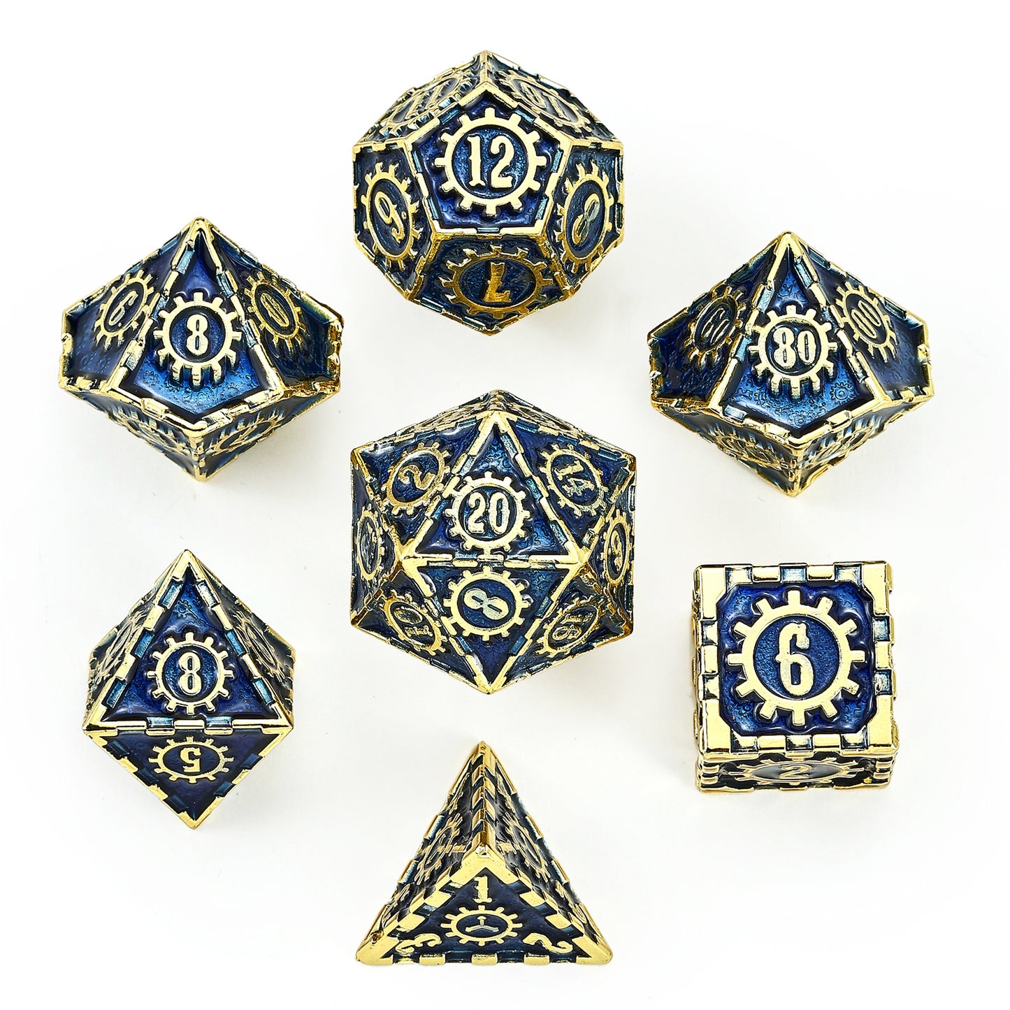 Solid Metal Cogcraft Polyhedral Dice Set Vault Dweller - Blue and Gold