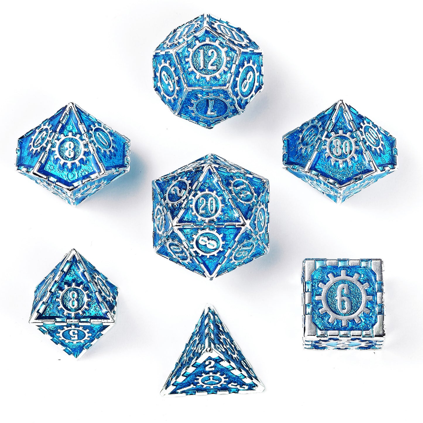 Solid Metal Cogcraft Polyhedral Dice Set Tesla - Blue and Silver