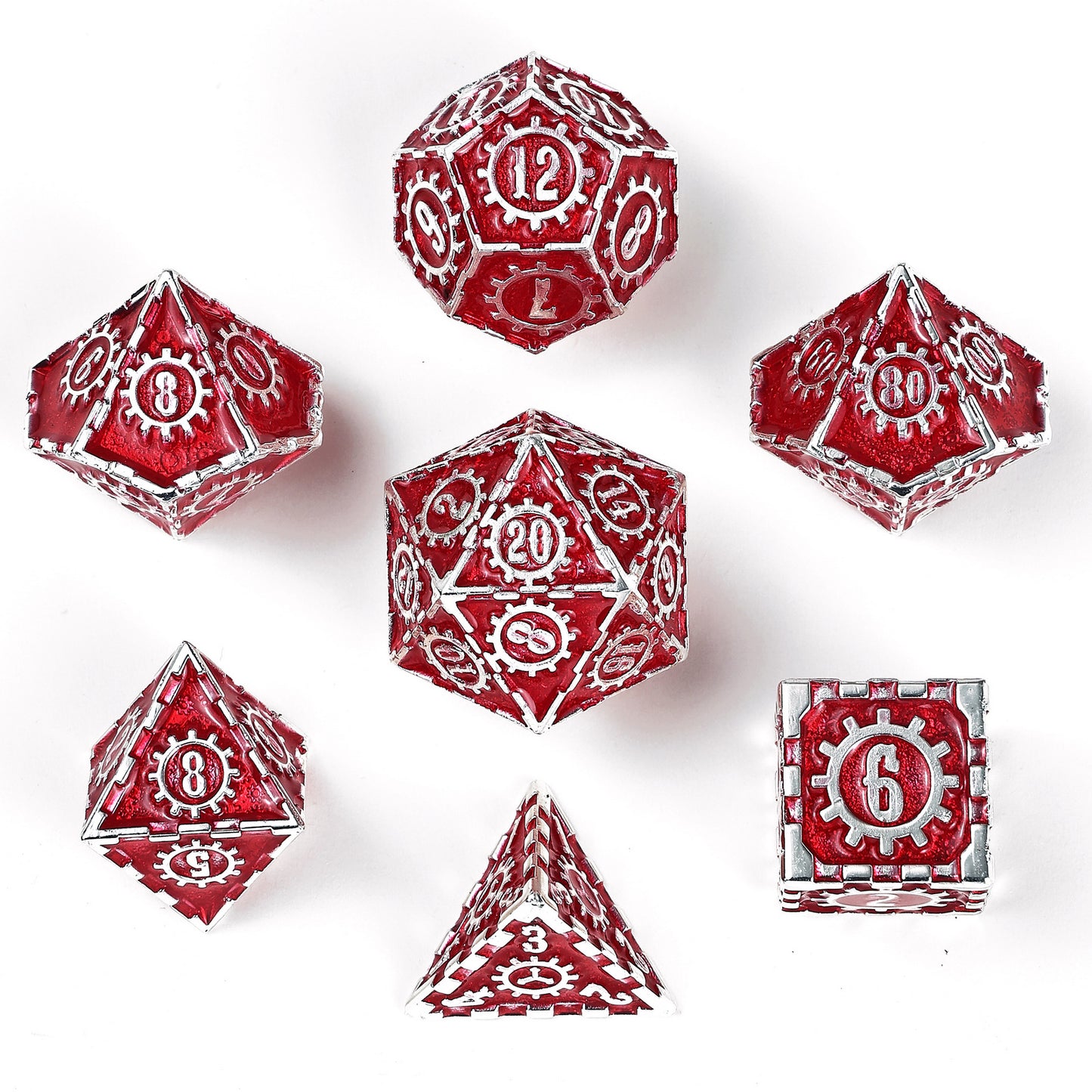 Solid Metal Cogcraft Polyhedral Dice Set Vern-million - Red and Silver