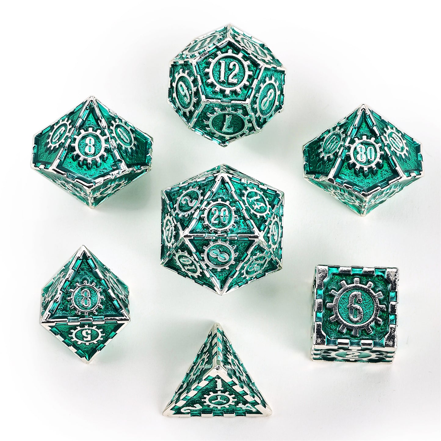 Solid Metal Cogcraft Polyhedral Dice Set Time Machine - Green and Silver