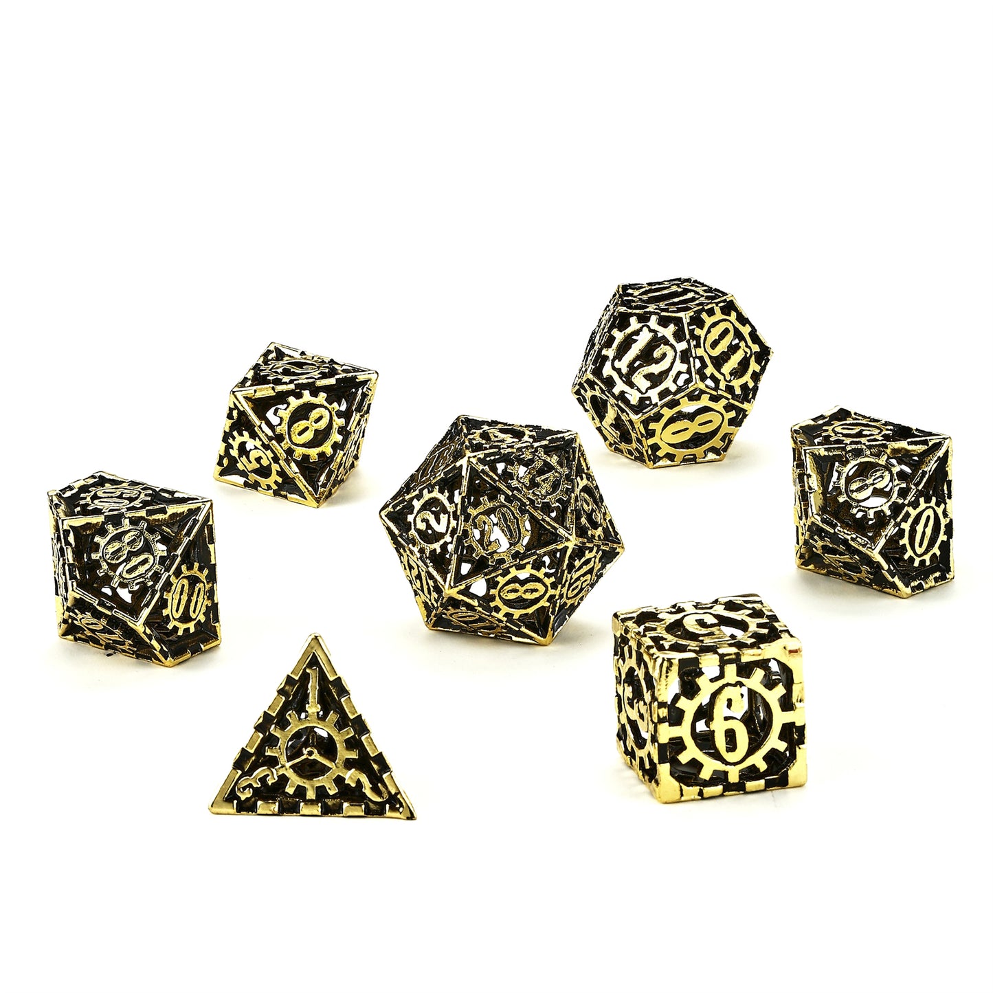 Hollow Metal Cog Themed Dice Set - Gold