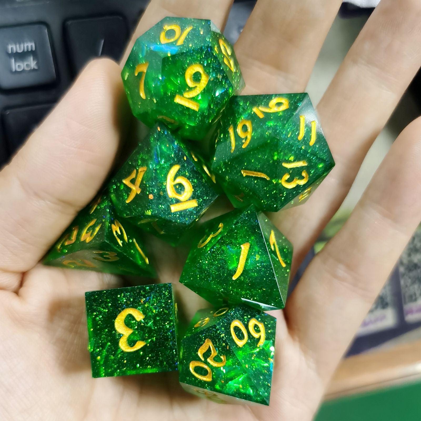 Sublime Blight - green and black smoke handmade resin sharp edge dnd outlet dice set fo